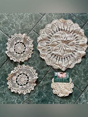 FIVE Handmade Crochet Doilies - Cream Set